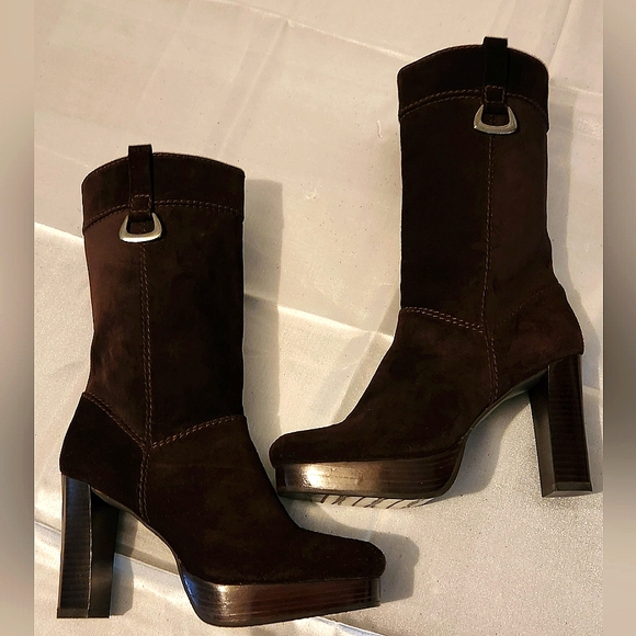 STEWART WEIZMANN ✨️VINTAGE✨️ BROWN SUEDE KNEE HIGH BLOCK HEEL BOOTS SIZE 6.5 M - Picture 7 of 11